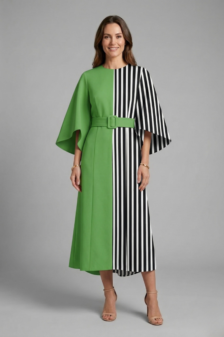 Vestido midi feminino gola redonda mangas largas com padrão abstrato