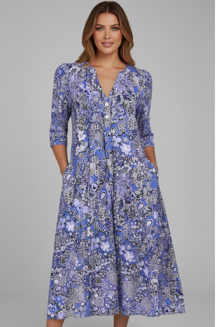Calla | Vestido Midi Feminino Decote V Manga Três Quartos Estampado