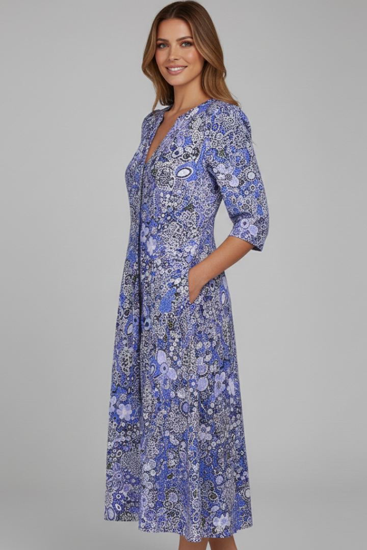 Calla | Vestido Midi Feminino Decote V Manga Três Quartos Estampado
