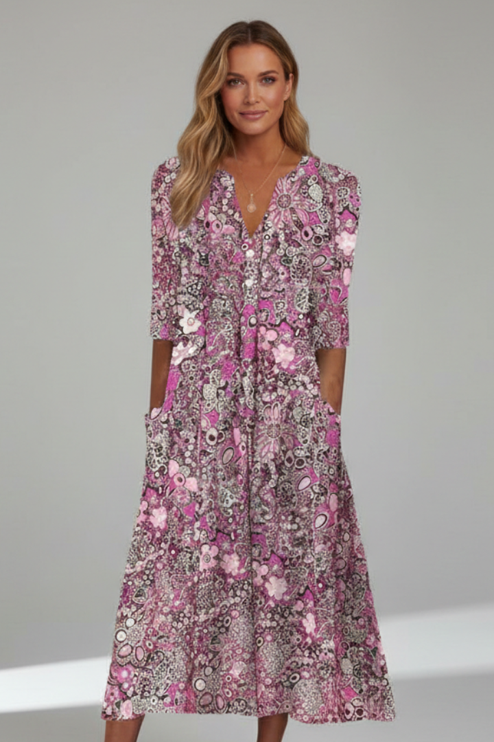 Calla | Vestido Midi Feminino Decote V Manga Três Quartos Estampado