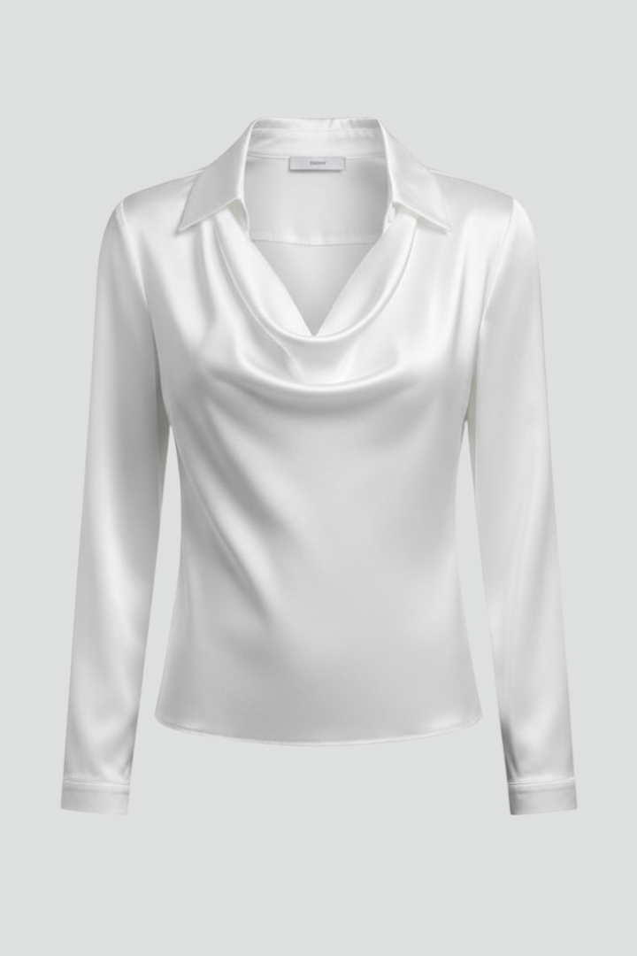 Clea | Mulher Blusa Cetim Colarinho Drapeado Manga Comprida