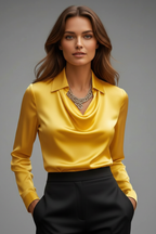 Clea | Mulher Blusa Cetim Colarinho Drapeado Manga Comprida
