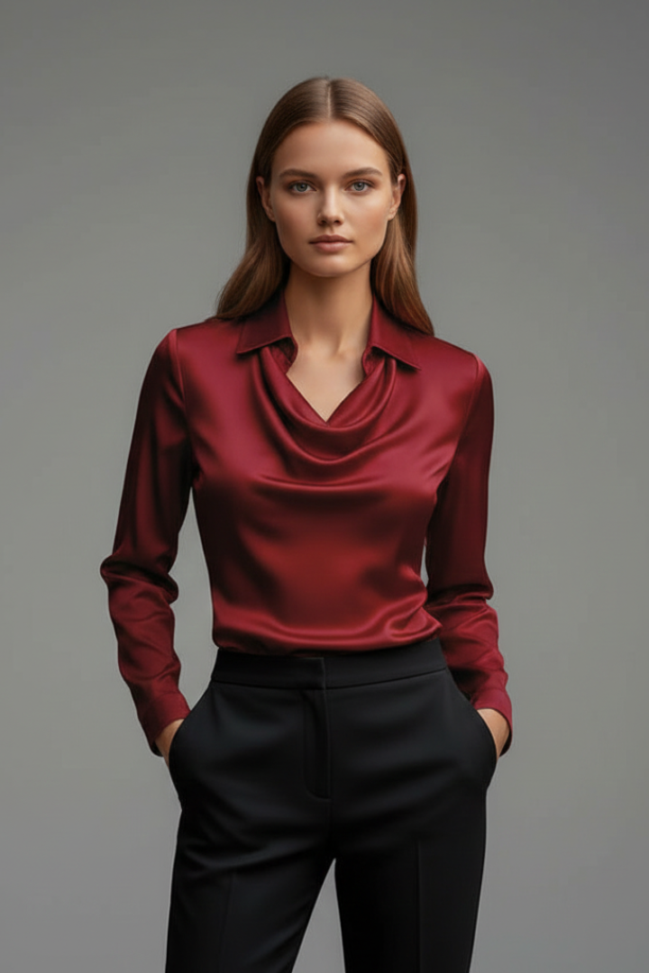 Clea | Mulher Blusa Cetim Colarinho Drapeado Manga Comprida