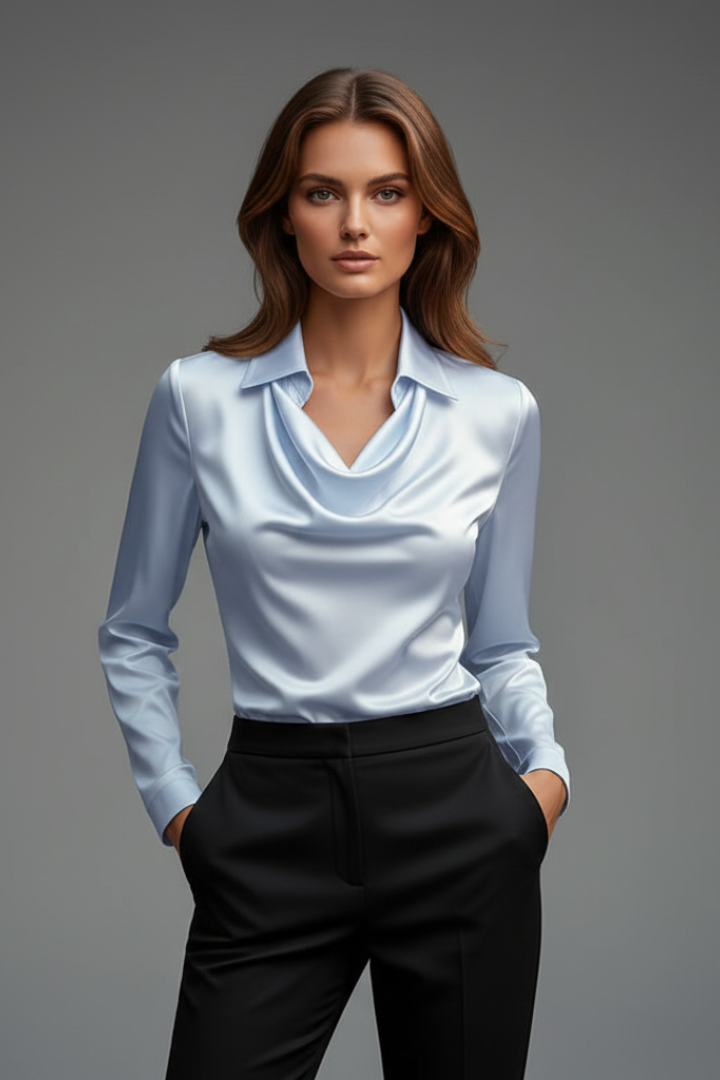 Clea | Mulher Blusa Cetim Colarinho Drapeado Manga Comprida