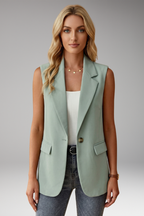Mulher Blazer Sem Mangas Colarinho Entalhado com Bolsos