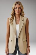 Mulher Blazer Sem Mangas Colarinho Entalhado com Bolsos