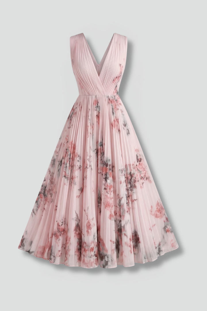 Wilhelmina | Vestido Feminino Sem Manga Decote V Plissado Midi