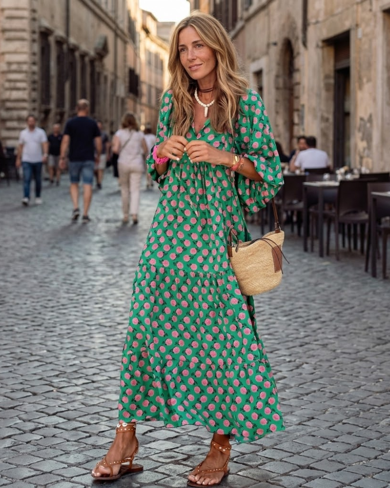 Ondine | Mulher Vestido Maxi Boho Estampado Geométrico Decote V