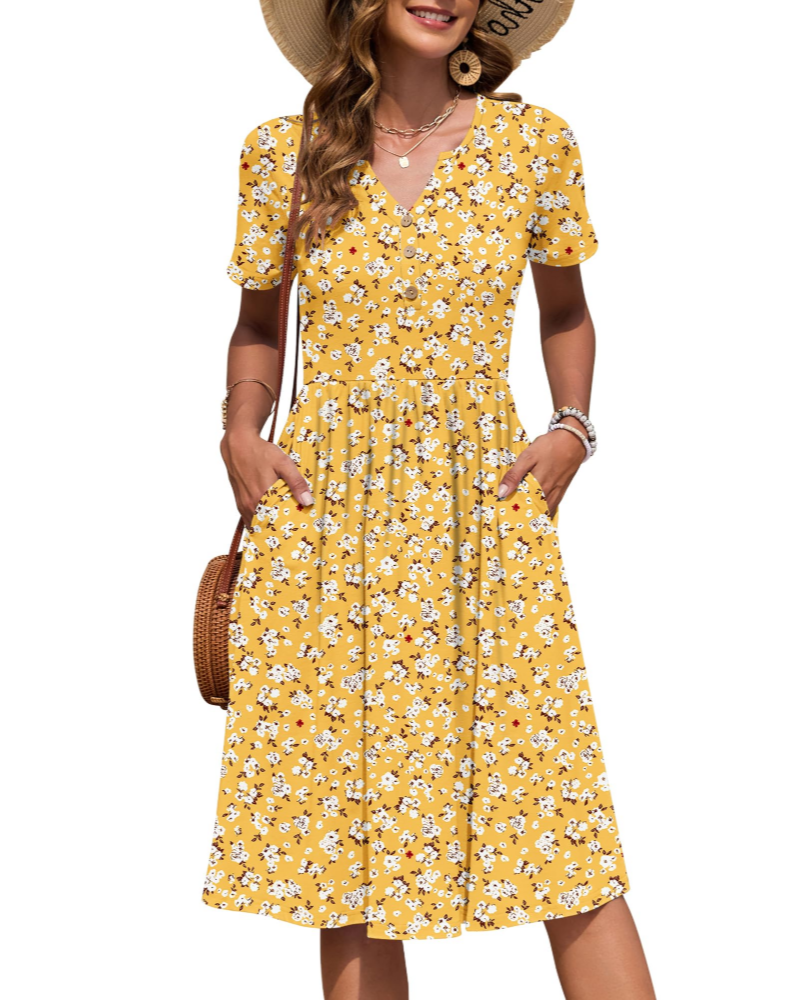 Vestido Midi para Mulher Verão | Decote em V, Cintura Império, Bolsos