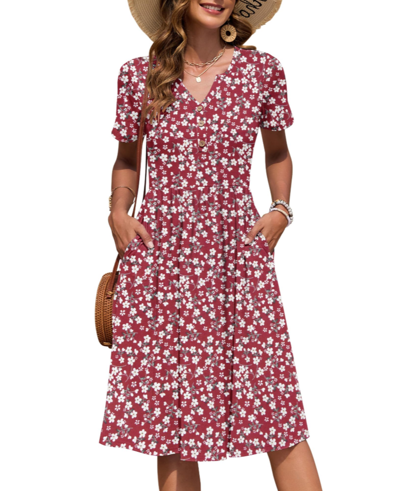 Vestido Midi para Mulher Verão | Decote em V, Cintura Império, Bolsos
