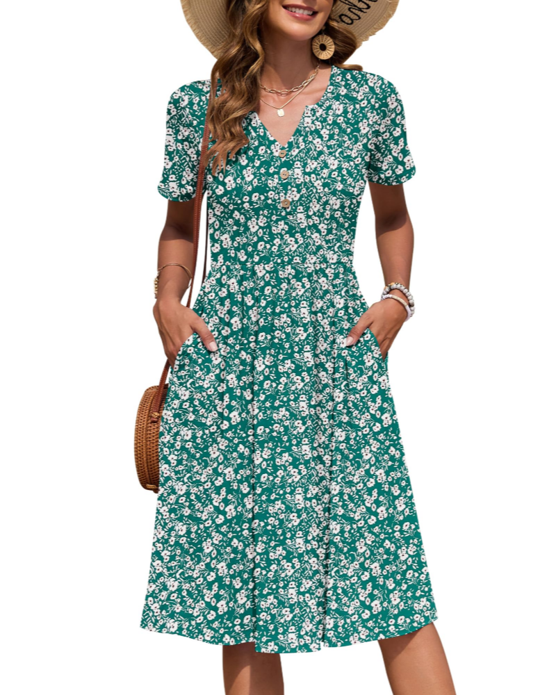 Vestido Midi para Mulher Verão | Decote em V, Cintura Império, Bolsos