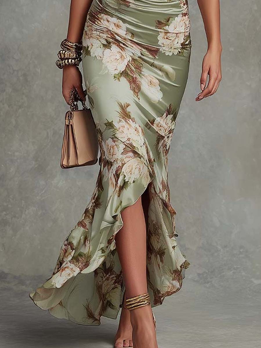 Nina | Vestido Midi Cetim Estampa Floral Decote em V