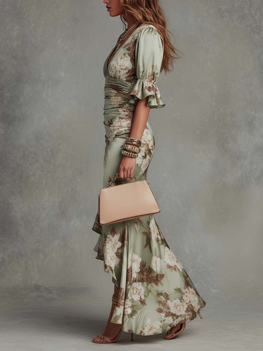 Nina | Vestido Midi Cetim Estampa Floral Decote em V