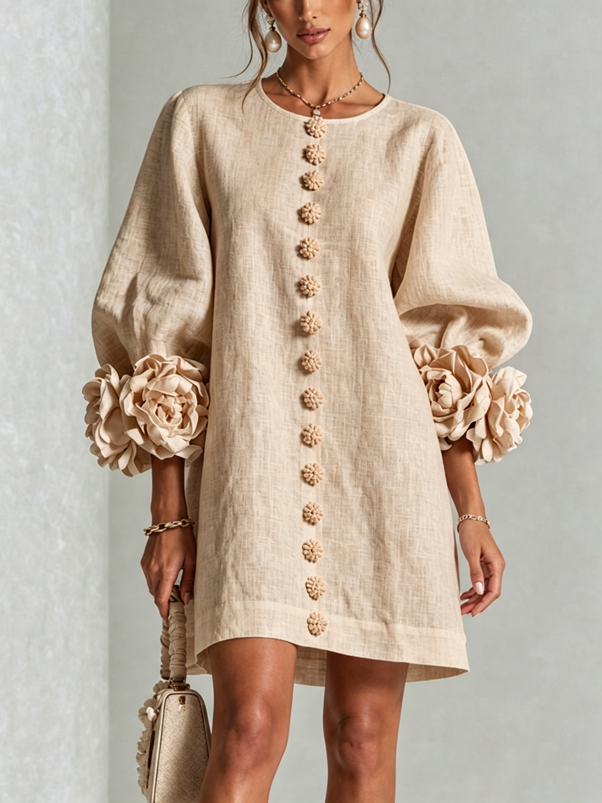 Mira | Vestido Feminino Linho Manga Bufante Mini Shift