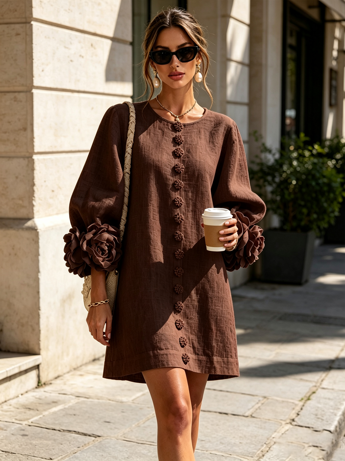 Mira | Vestido Feminino Linho Manga Bufante Mini Shift