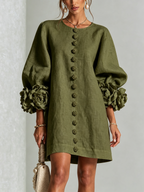 Mira | Vestido Feminino Linho Manga Bufante Mini Shift