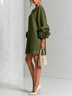 Mira | Vestido Feminino Linho Manga Bufante Mini Shift