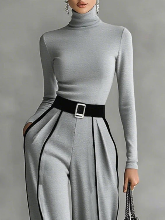 Conjunto feminino duas peças gola alta com calças perna larga em preto