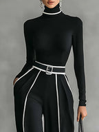 Conjunto feminino duas peças gola alta com calças perna larga em preto