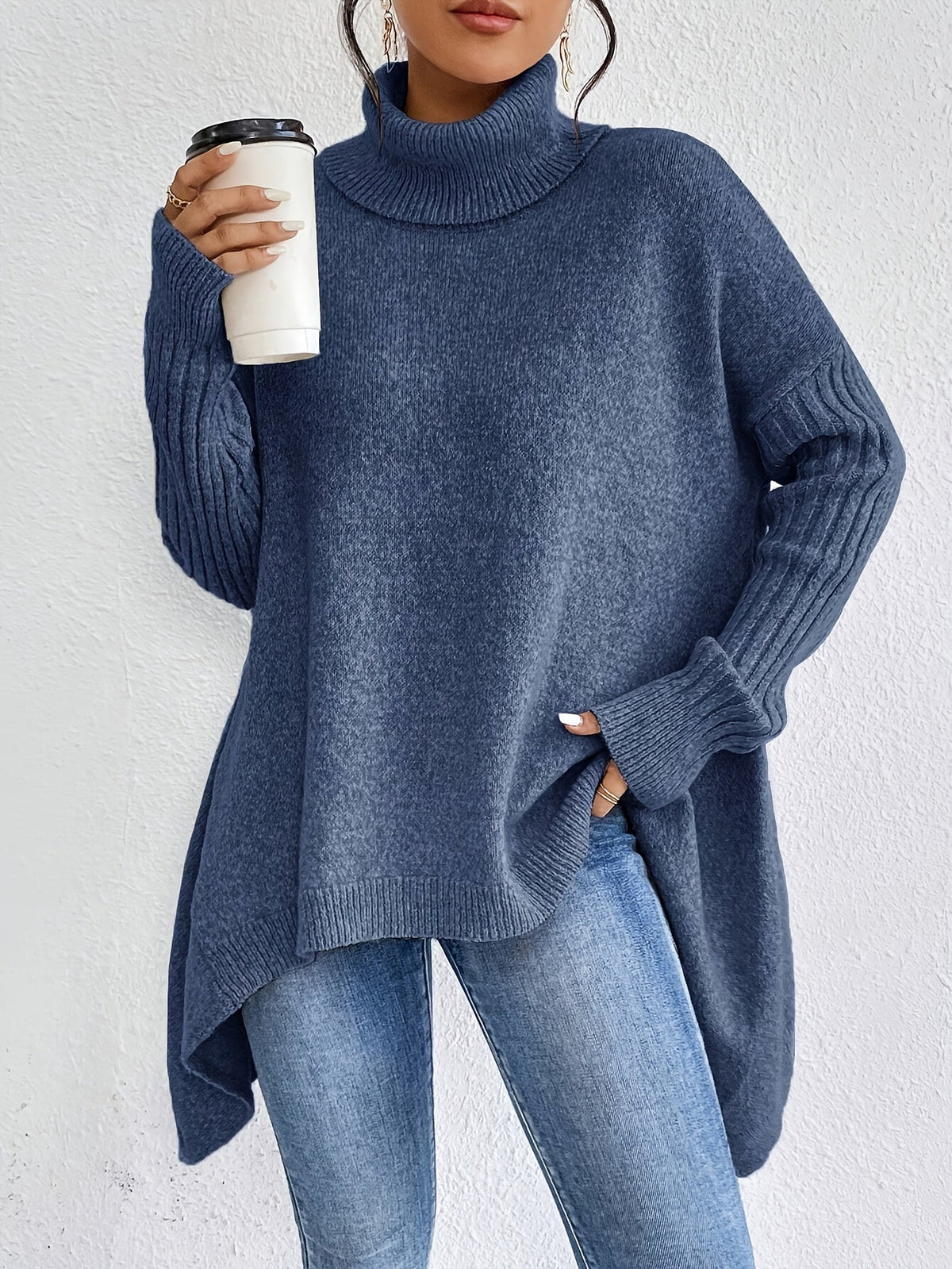 Mulher Camisola Tricot Gola Alta Assimétrica