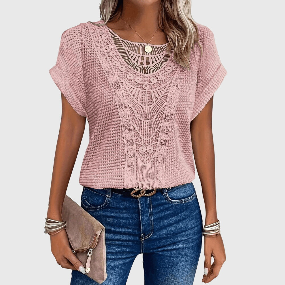 Nova | Blusa Feminina Meia Malha Rendada Decote Redondo