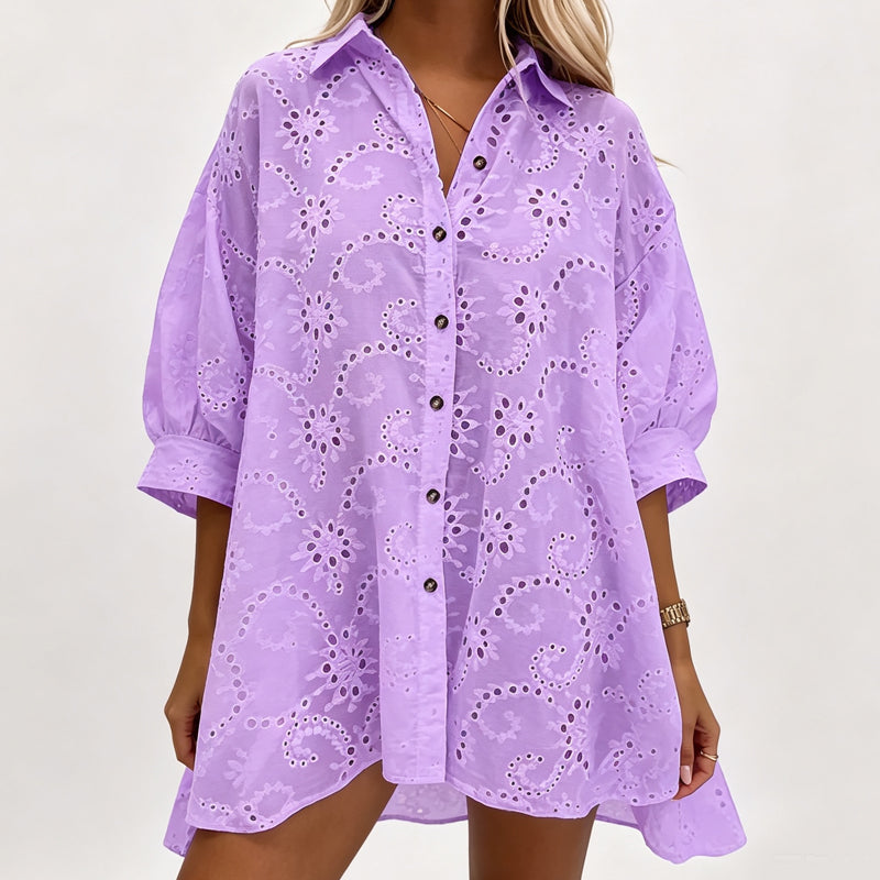 Vestido bordado com botões oversized feminino midi