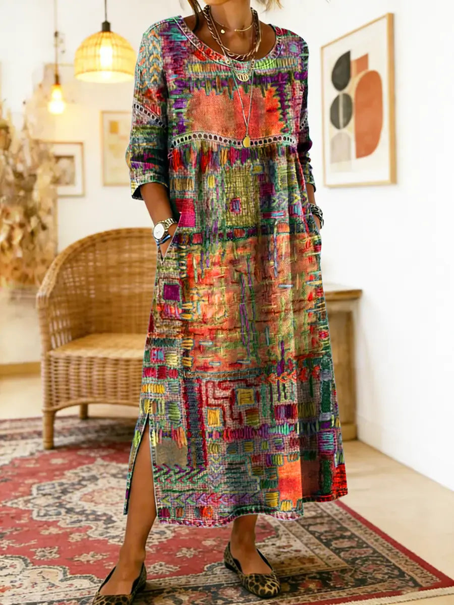 Lena | Vestido Jeans com Patchwork Étnico Feminino