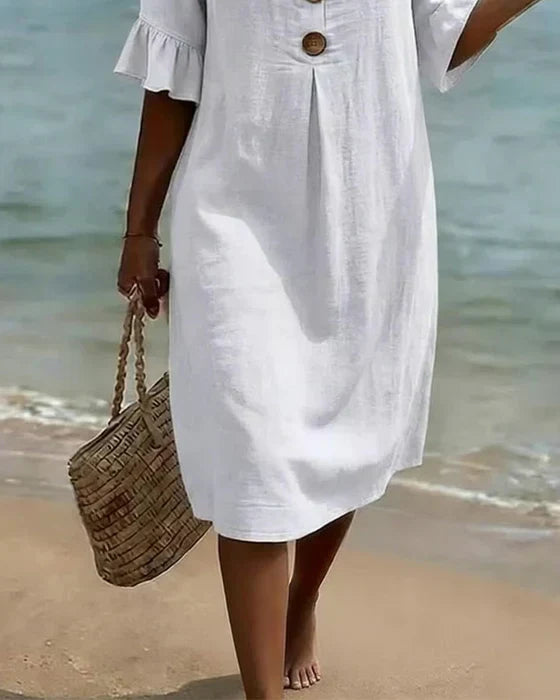 Vera | Mulher Vestido Linho Algodão Midi Botões Solto