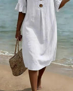 Vestido de Algodão e Linho para Mulher Verão | Botões, Solto, Respirável