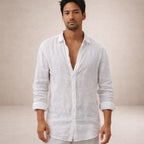 Camisa de Linho Homem | Ajuste Regular, Gola Aberta