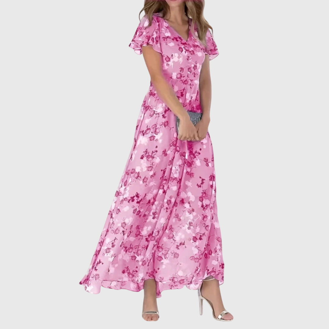 Kaia | Vestido Floral Maxi Decote V Manga Flutter