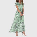 Kaia | Vestido Floral Maxi Decote V Manga Flutter
