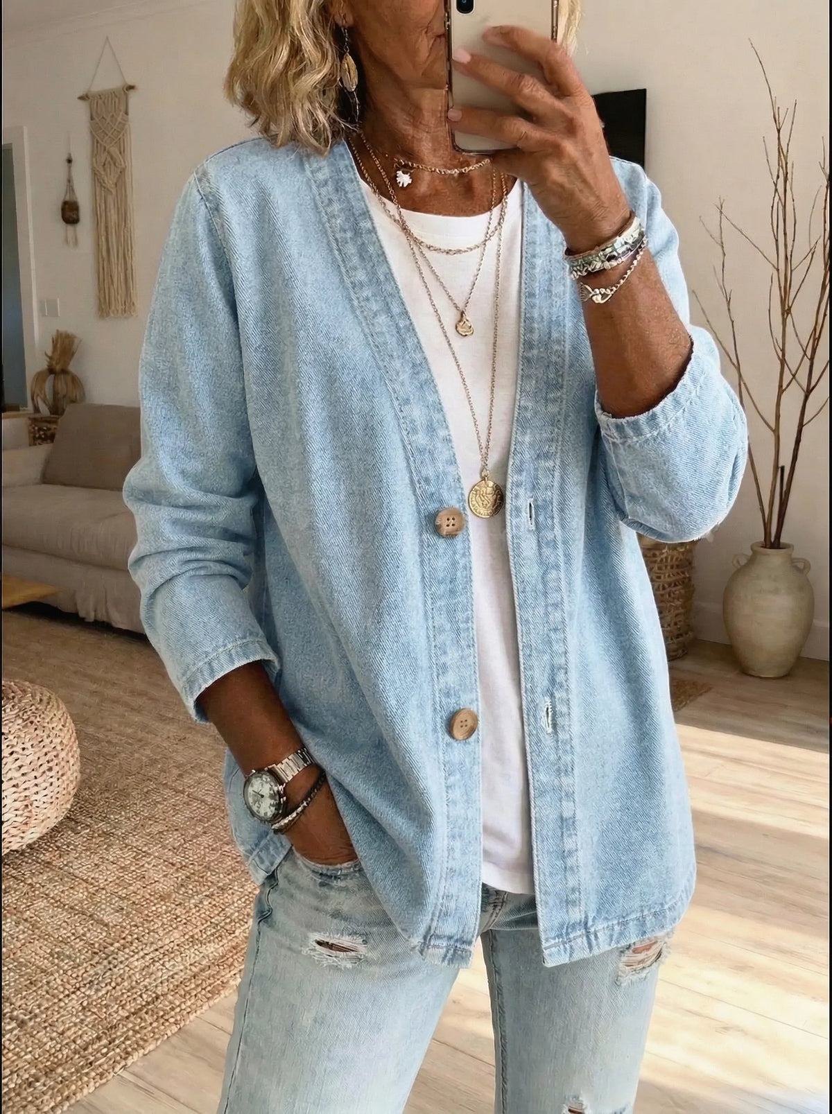 Cardigan Feminino | Denim, Corte Reto | Botões Frontais, Estilo Casual