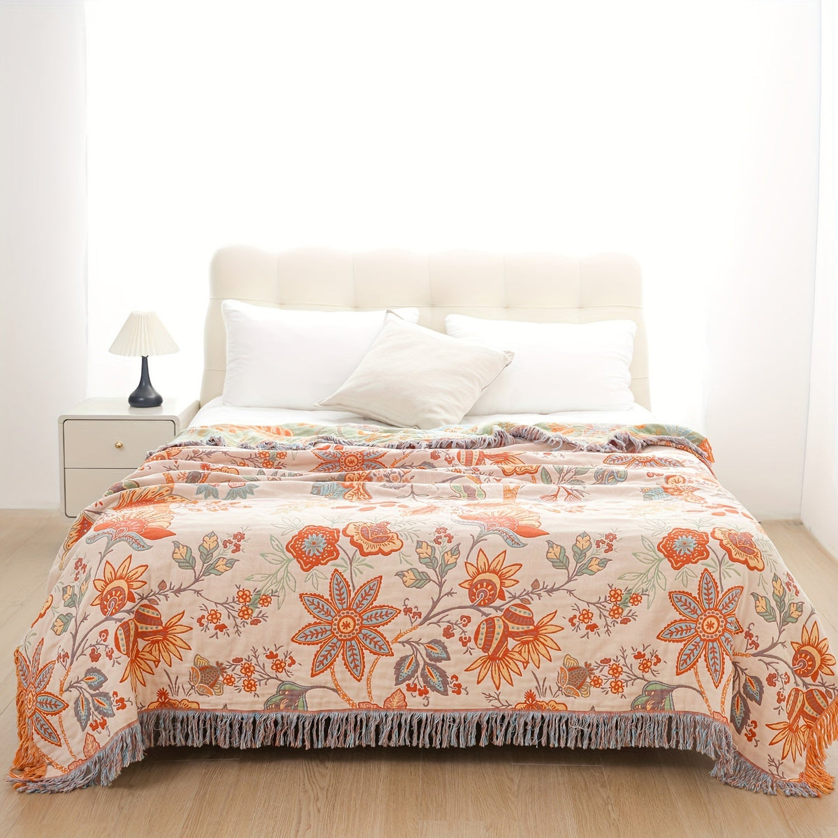 Bexcellent | Manta de Algodão Borla | Estilo Boémio, Padrão Floral | 200x230 cm