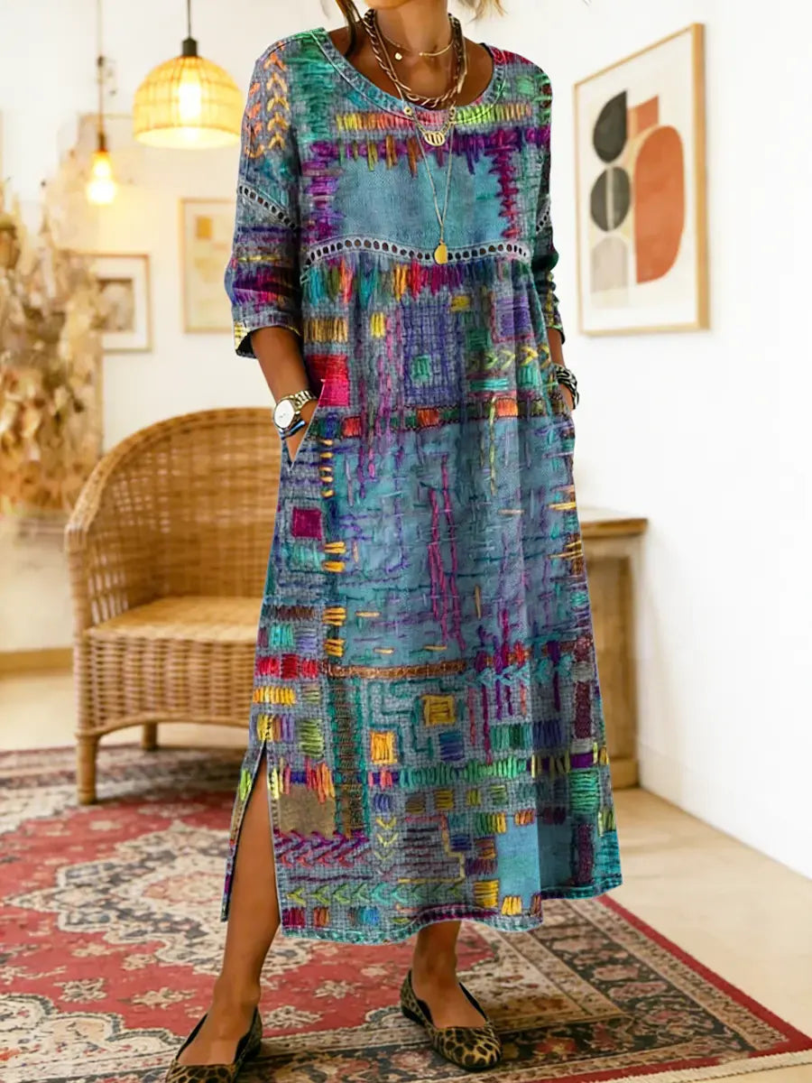 Lena | Vestido Jeans com Patchwork Étnico Feminino