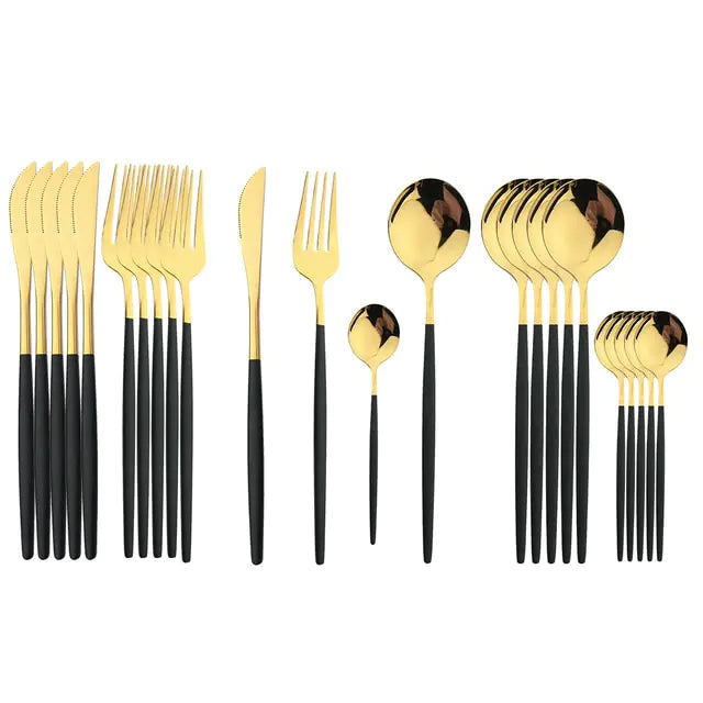 Conjunto de Talheres em Aço Inox 24 Peças | Nova | Dourado, Preto, Rosa