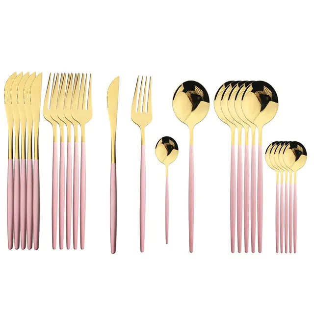 Conjunto de Talheres em Aço Inox 24 Peças | Nova | Dourado, Preto, Rosa