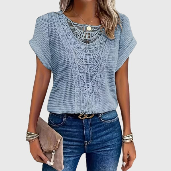 Nova | Blusa Feminina Meia Malha Rendada Decote Redondo