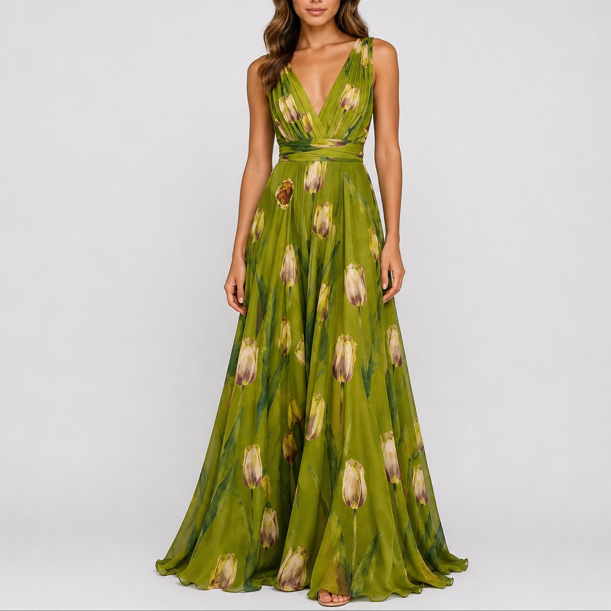 Lyra | Vestido Maxi Chiffon Floral Decote V Profundo Convidada Casamento
