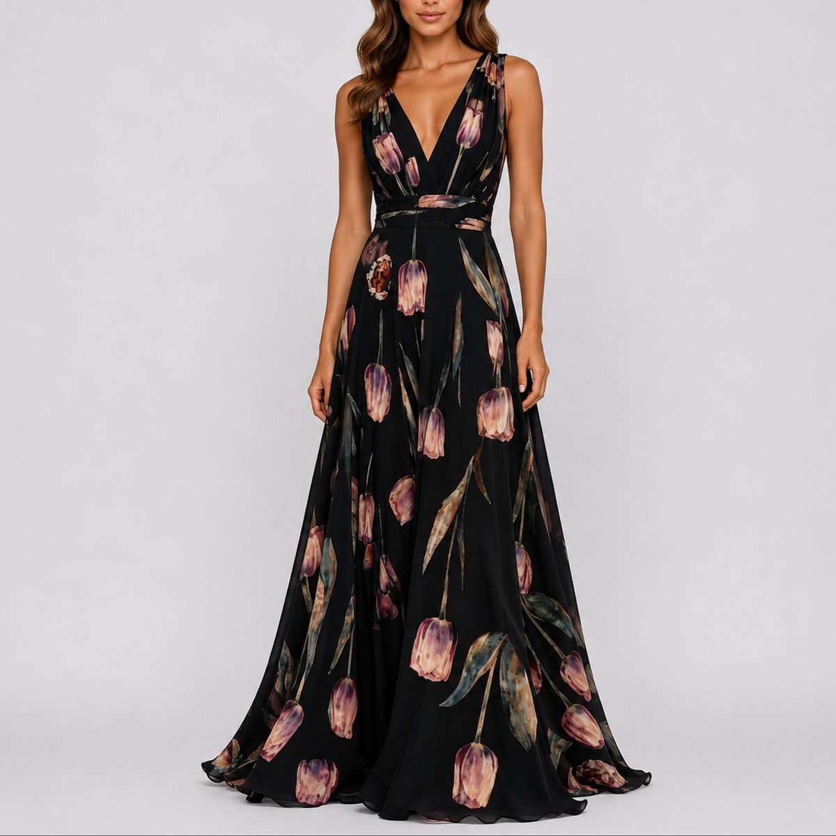 Lyra | Vestido Maxi Chiffon Floral Decote V Profundo Convidada Casamento