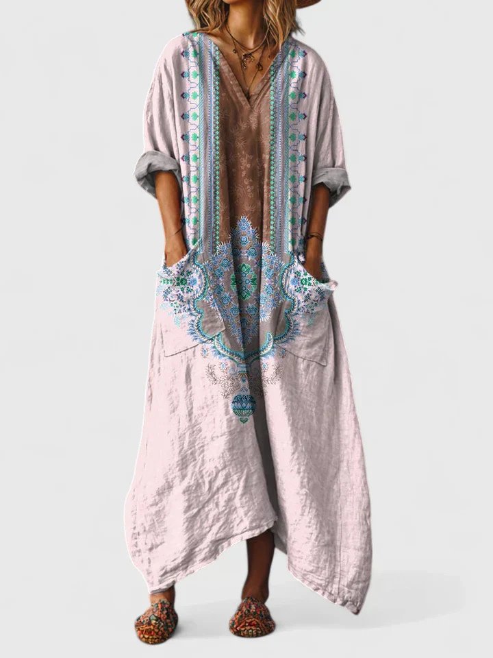 Willa | Vestido Longo Feminino Boho Algodão Paisley com Bolsos