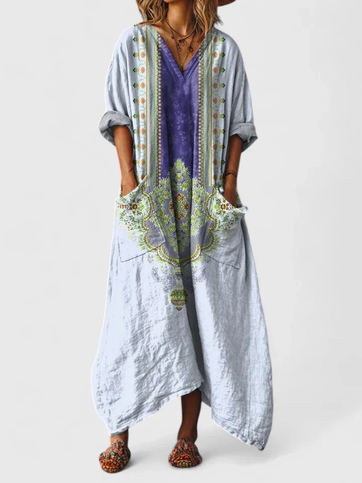 Willa | Vestido Longo Feminino Boho Algodão Paisley com Bolsos