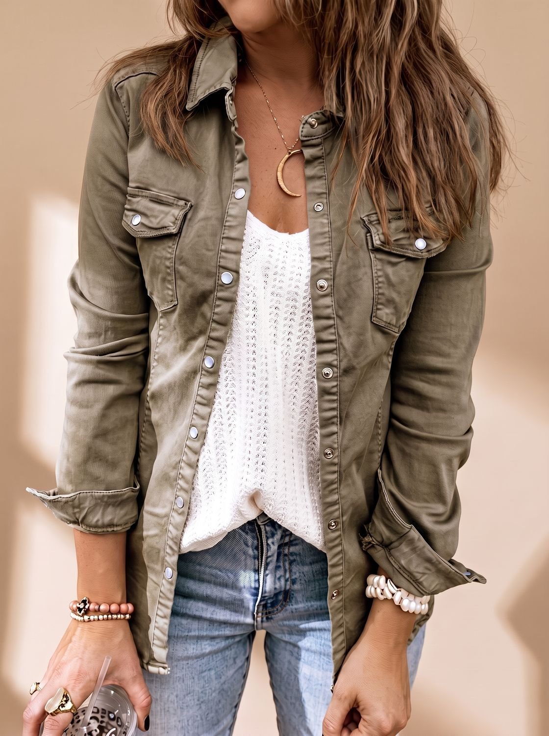 Noor | Mulher Jaqueta Jeans Gola Camisa Bolsos