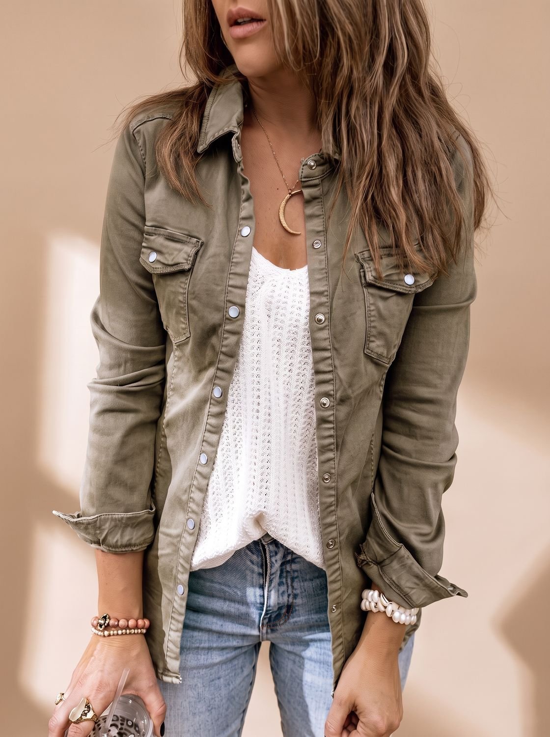 Noor | Mulher Jaqueta Jeans Gola Camisa Bolsos