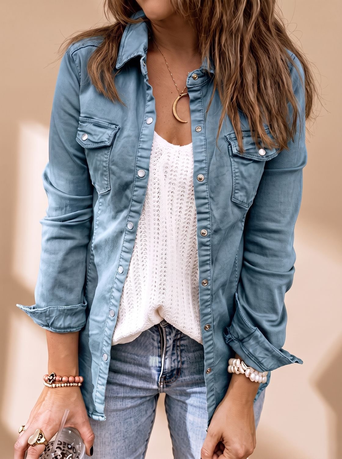 Noor | Mulher Jaqueta Jeans Gola Camisa Bolsos