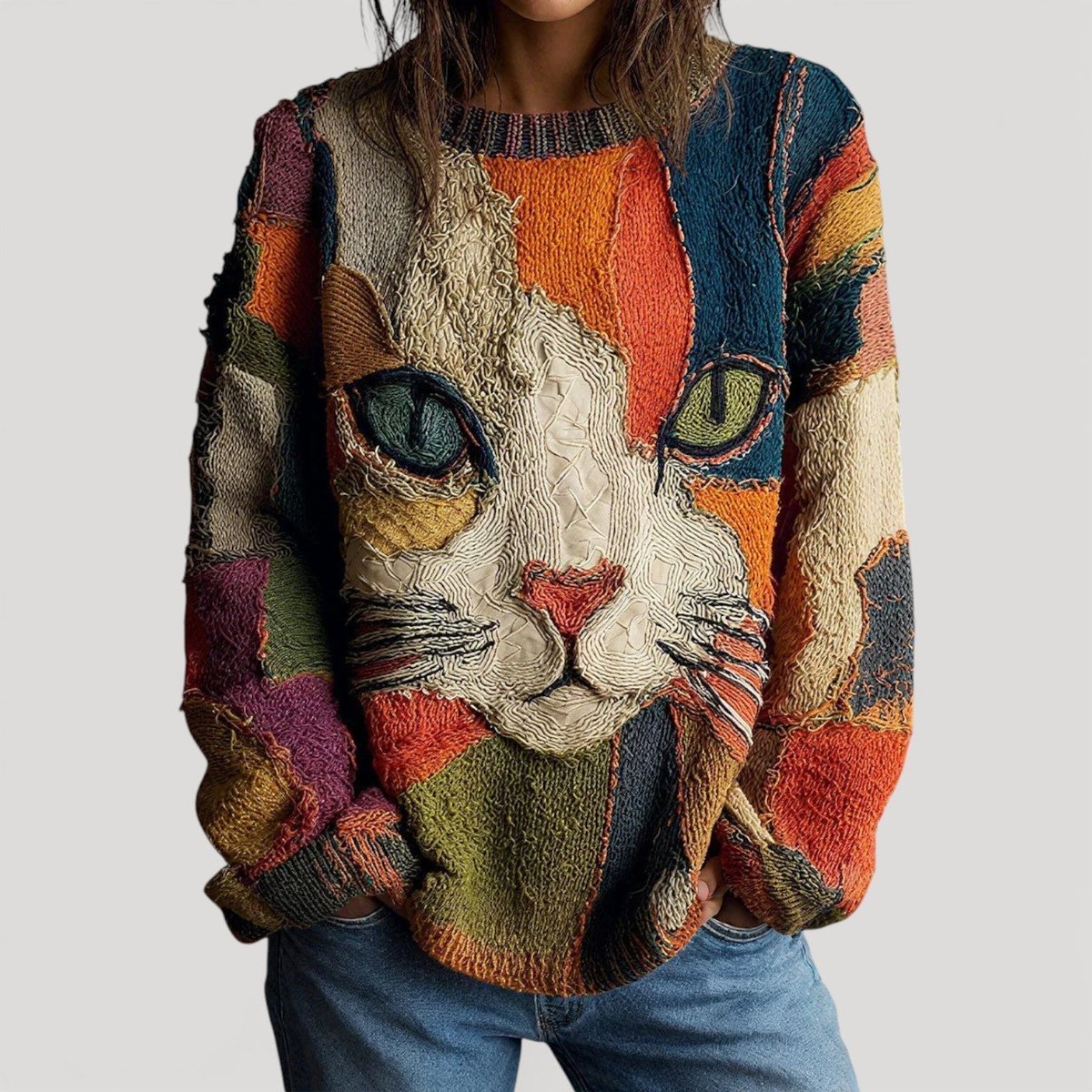 Maeve | Mulher Tricot Pullover Estampa de Gato Relaxed Fit Decote Redondo