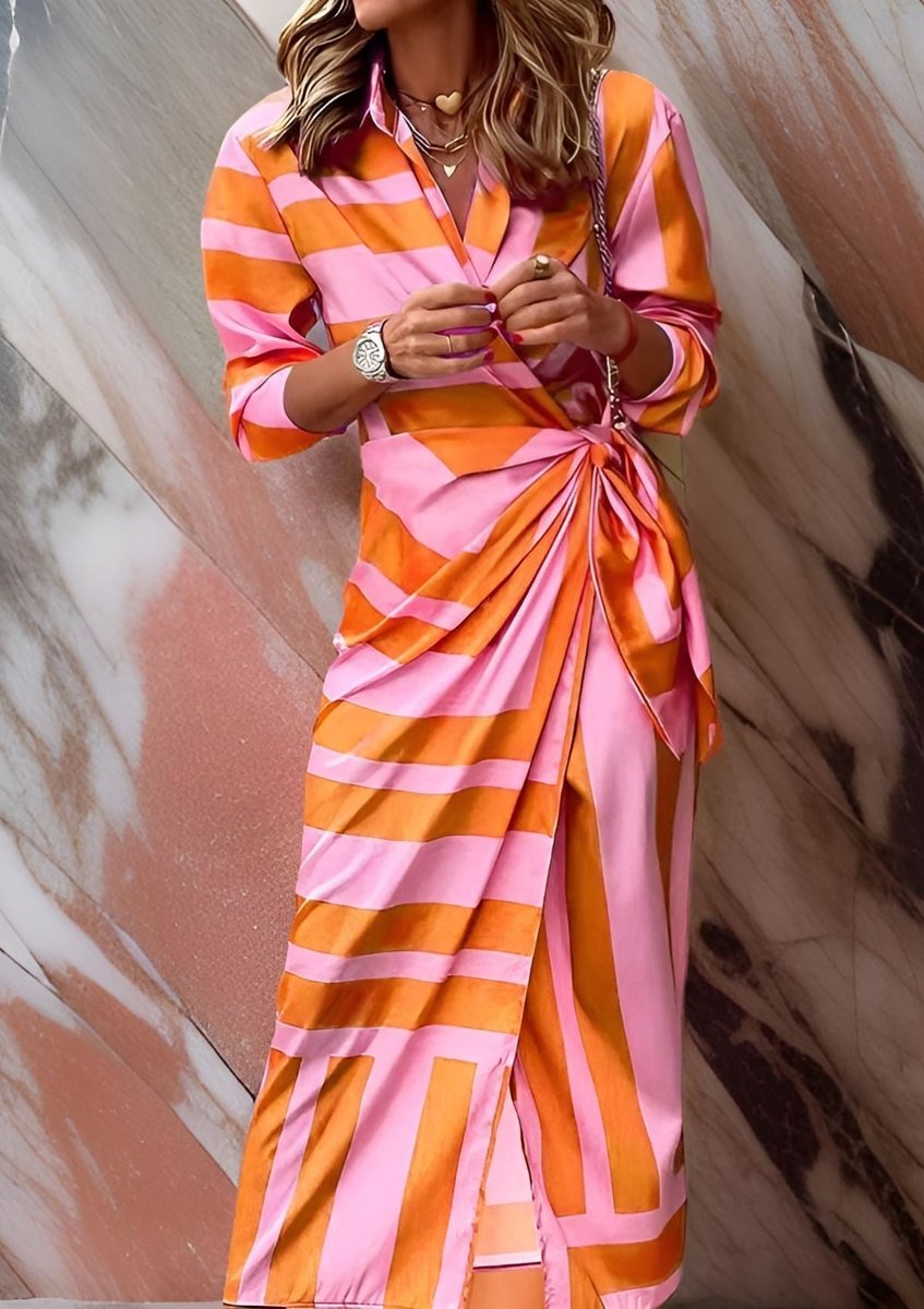 Delphine | Mulher Vestido Midi Manga Longa Wrap Listrado Decote V