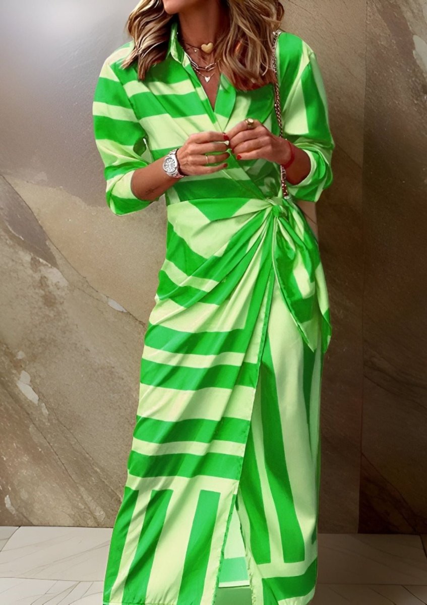 Delphine | Mulher Vestido Midi Manga Longa Wrap Listrado Decote V