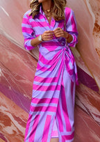 Delphine | Mulher Vestido Midi Manga Longa Wrap Listrado Decote V