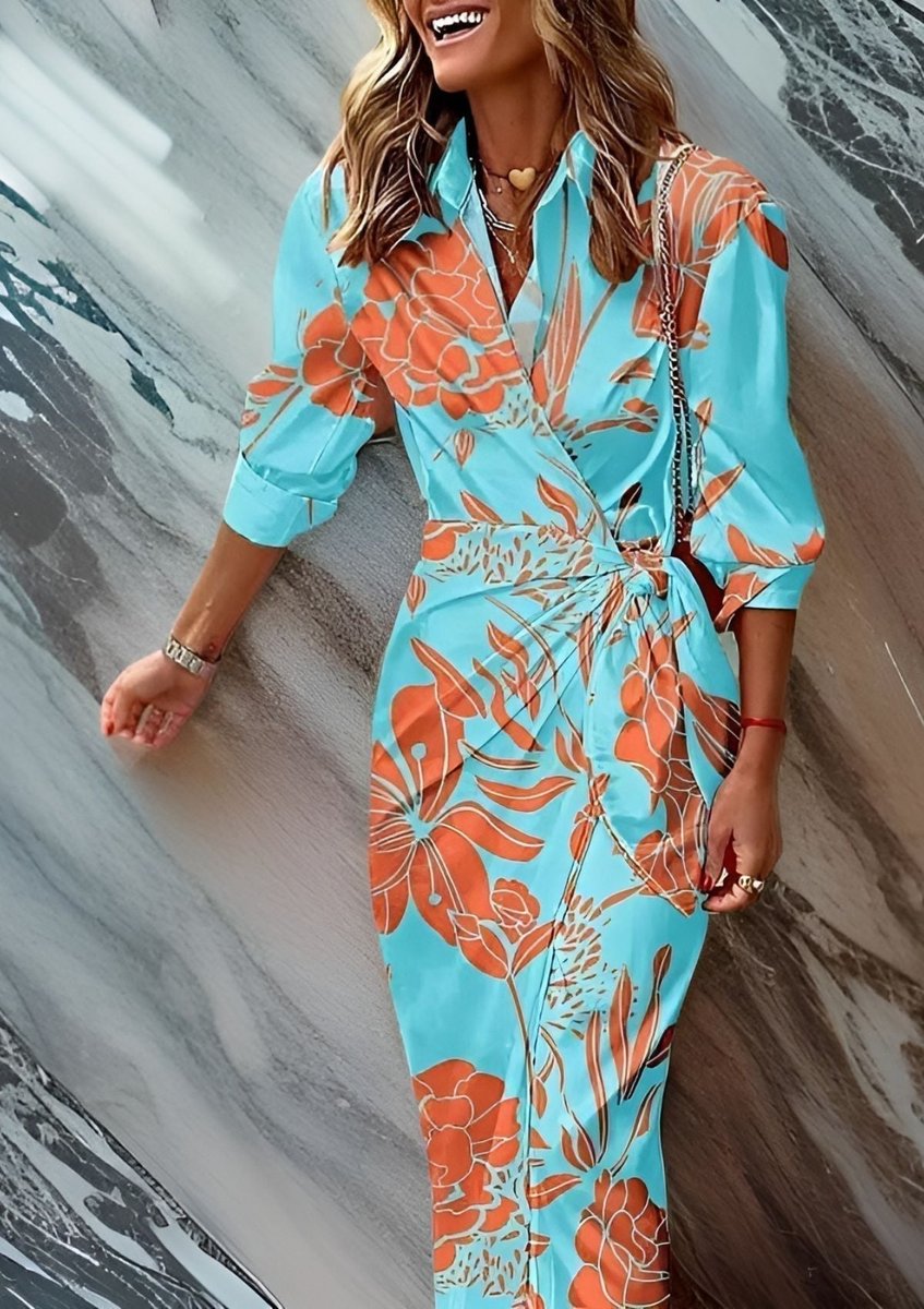 Delphine | Mulher Vestido Midi Manga Longa Wrap Listrado Decote V
